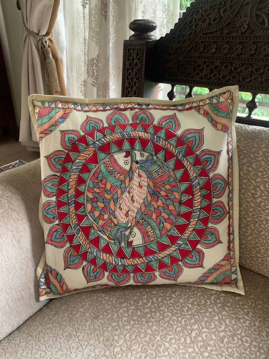 Off White Handpainted Circular Fish Motif Cushion Cover