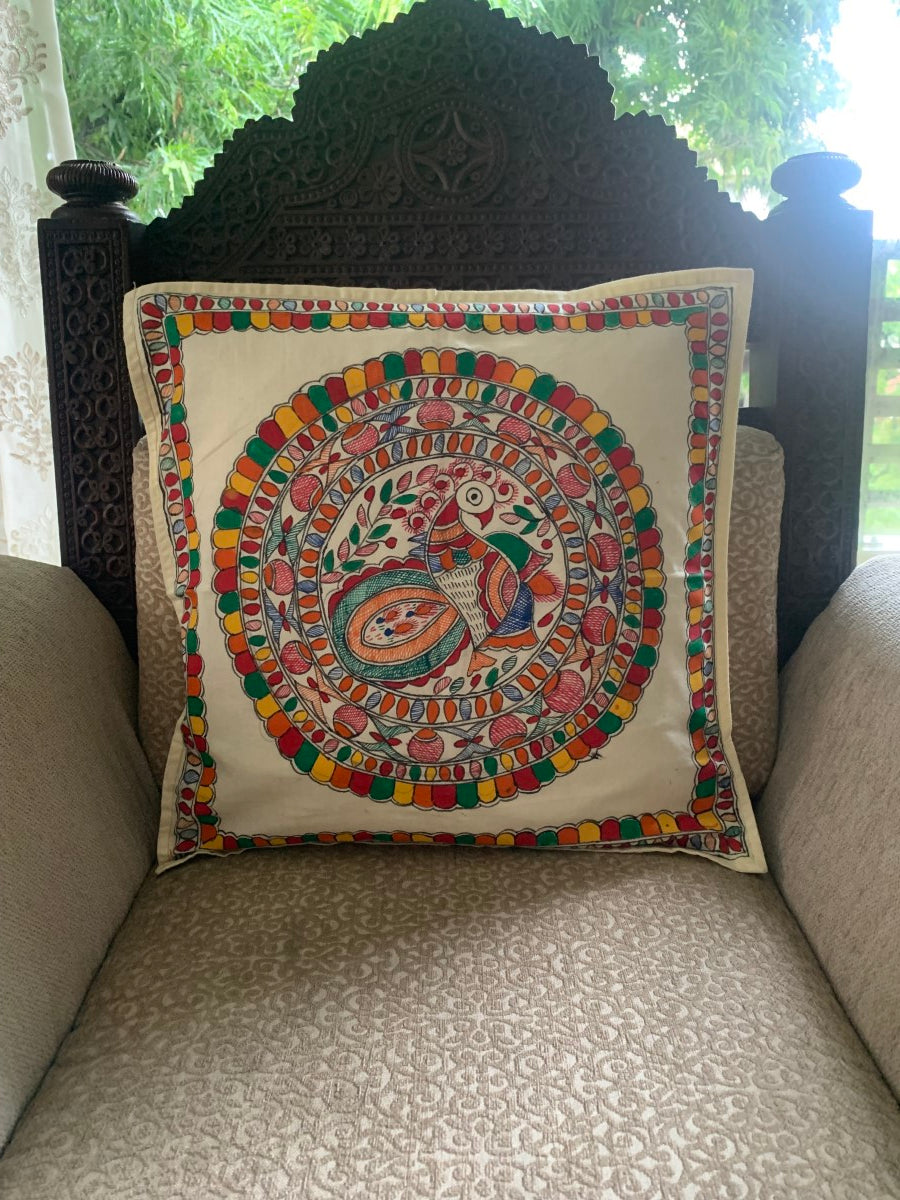 Off White Handpainted Circular Peacock Motif Cushion Cover
