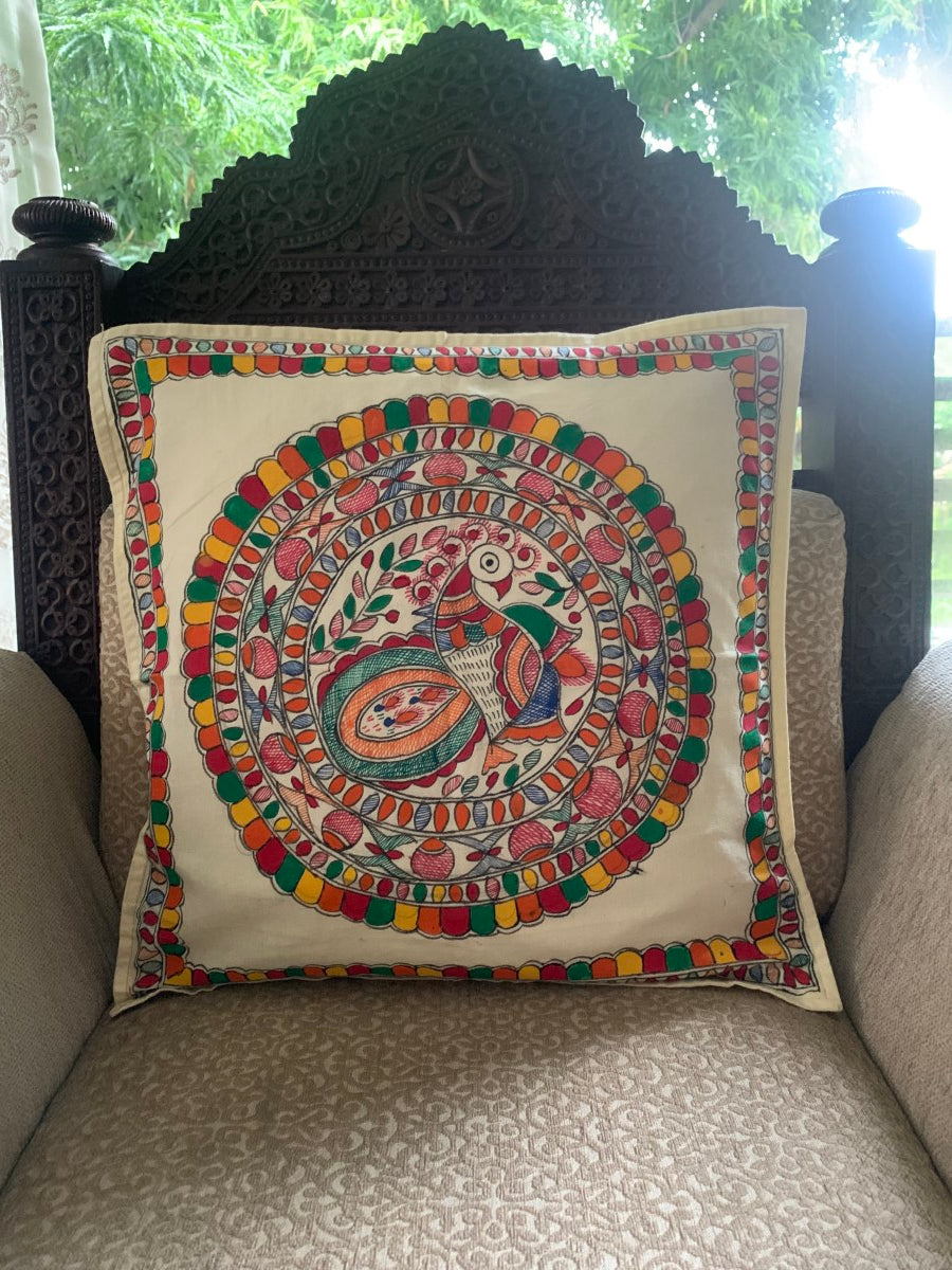 Off White Handpainted Circular Peacock Motif Cushion Cover