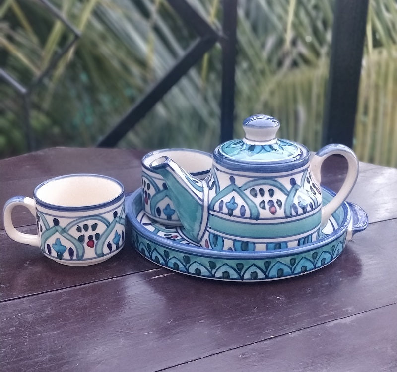 Blue Stoneware Ceramic Hand Painted  Tea Set with Kettle and Tray