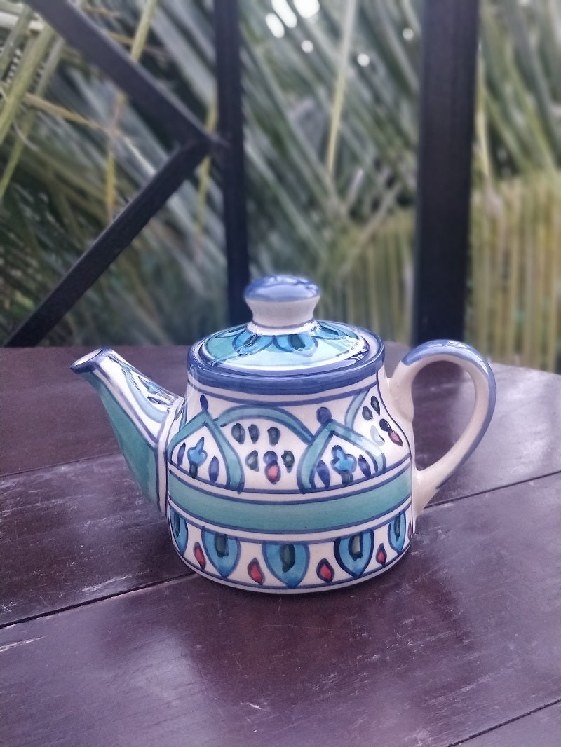 Blue Stoneware Ceramic Hand Painted  Tea Set with Kettle and Tray