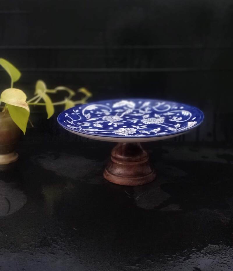 Blue Stoneware Ceramic & Wooden Cake Stand
