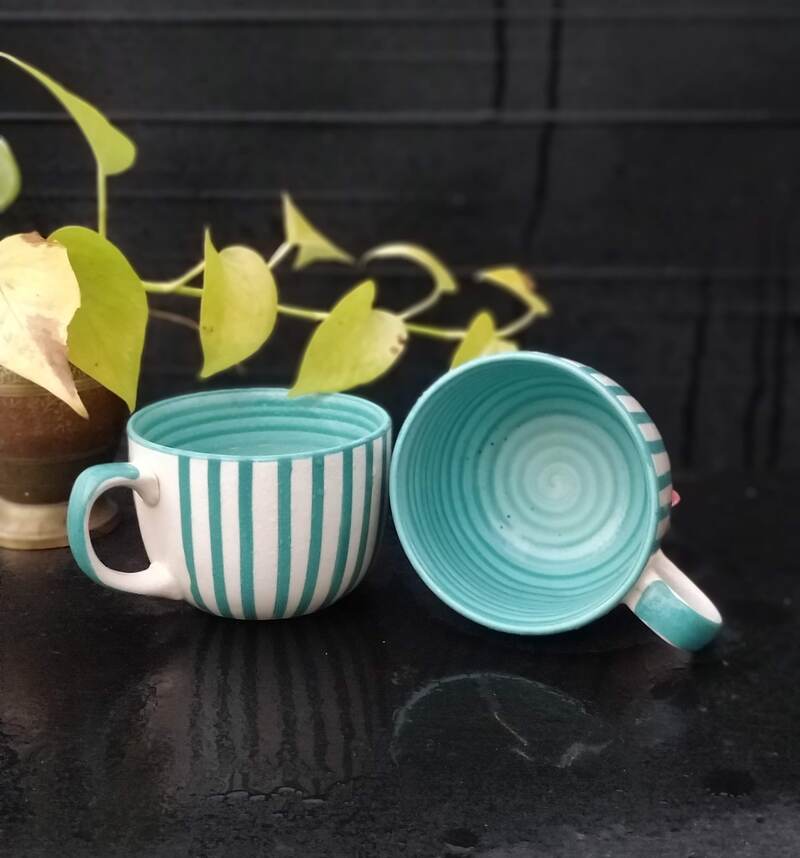 Green Stoneware Ceramic Cappuccino Cups (Set of 2)