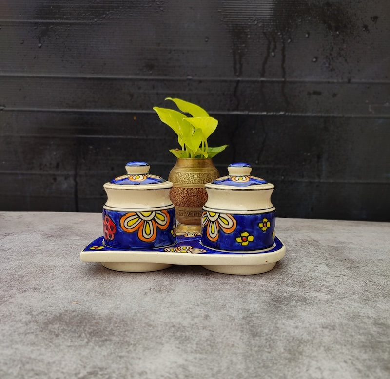Dark Blue Hand Painted Ceramic Pickle Jars (Set of 2)