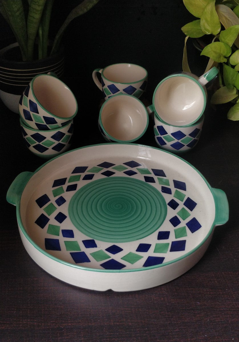 Stoneware Ceramic 6 Cups & Tray Set