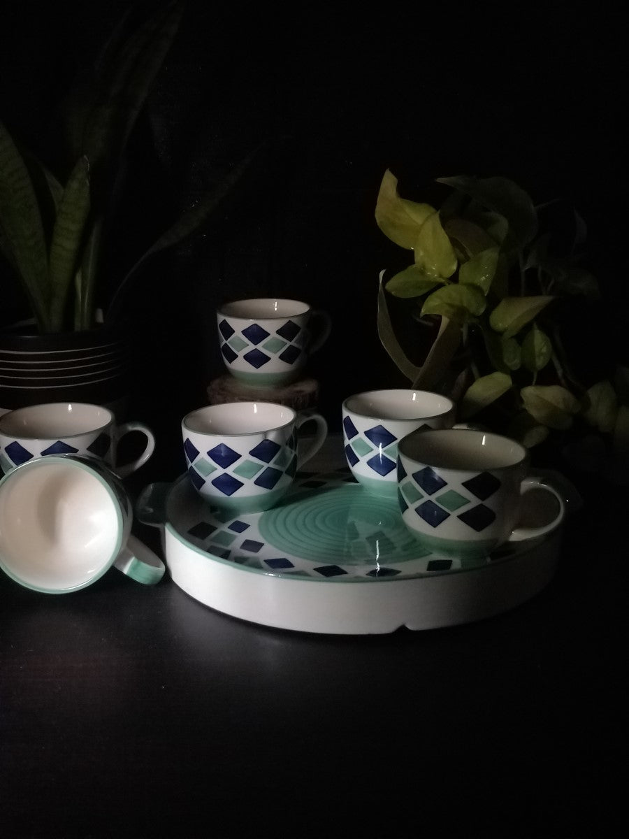 Stoneware Ceramic 6 Cups & Tray Set