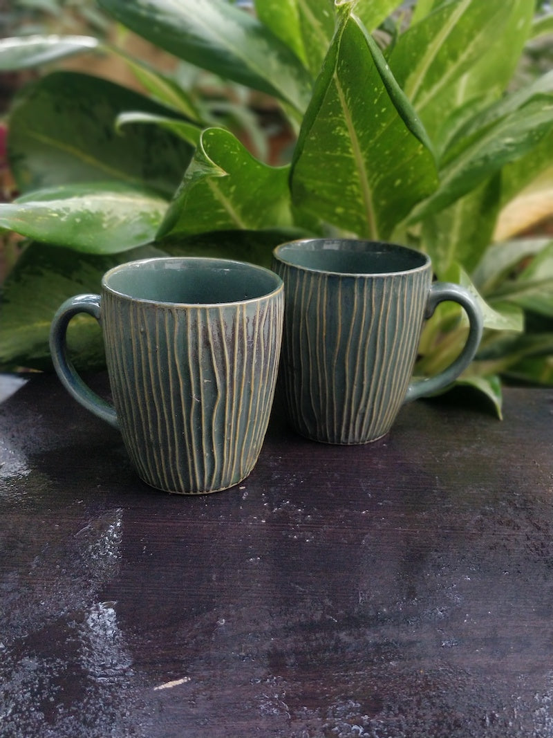 Stoneware Green Lined Coffee Mugs (Set of 2)