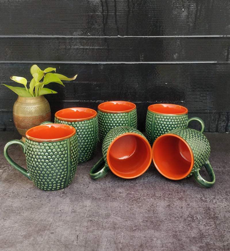 Green Orange Ceramic Coffee Mugs (Set of 6)