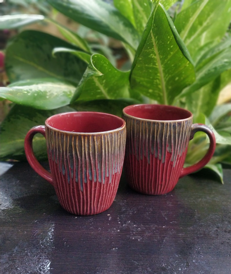 Stoneware Maroon Lined Coffee Mugs (set of 2)