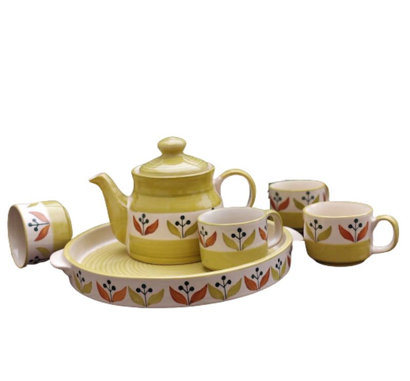 Hand Painted Mustard Ceramic Tea Set with Tray