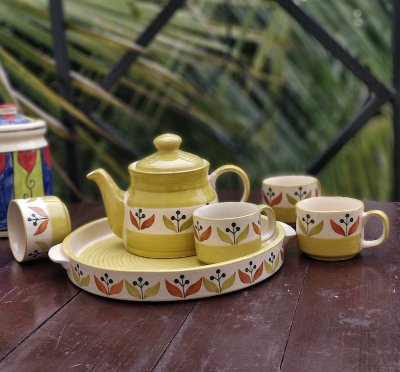 Hand Painted Mustard Ceramic Tea Set with Tray