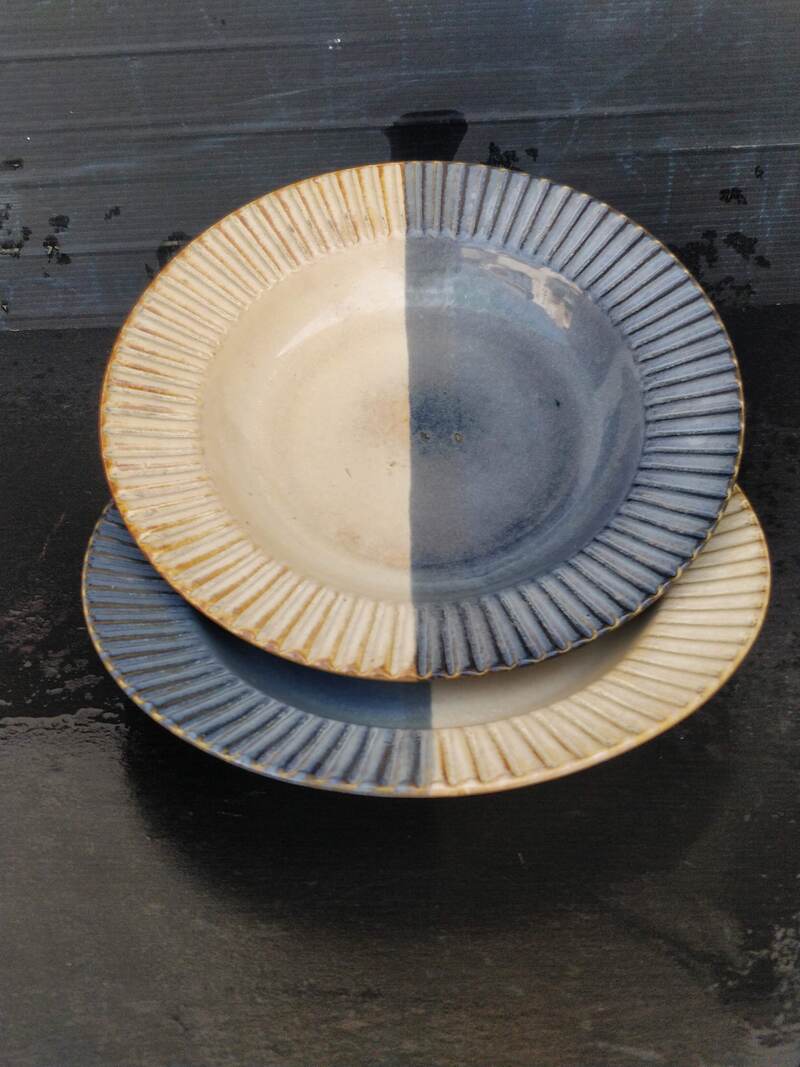 Beige & Blue Dual Color Pasta Plates ( Set of 2)