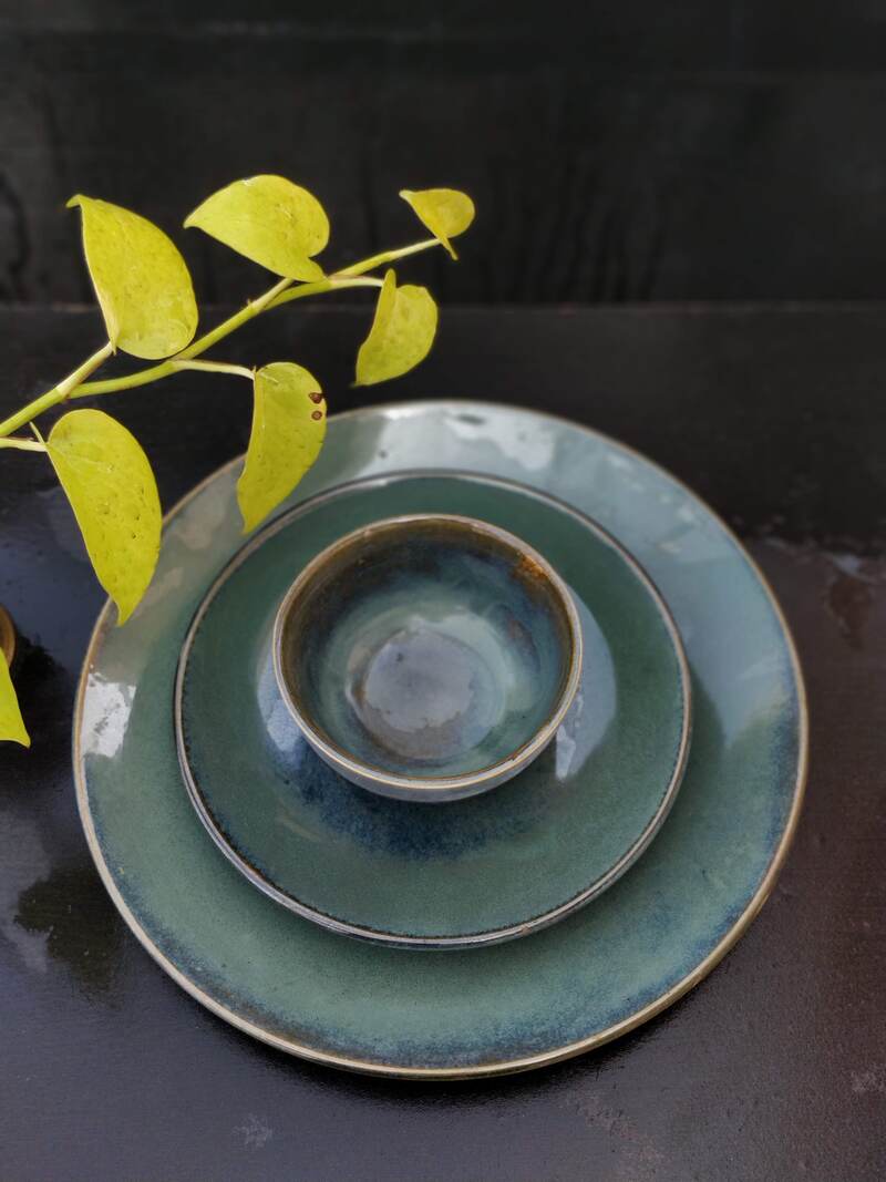 Glazed Dirty Green Dinner Plates & Bowl Set