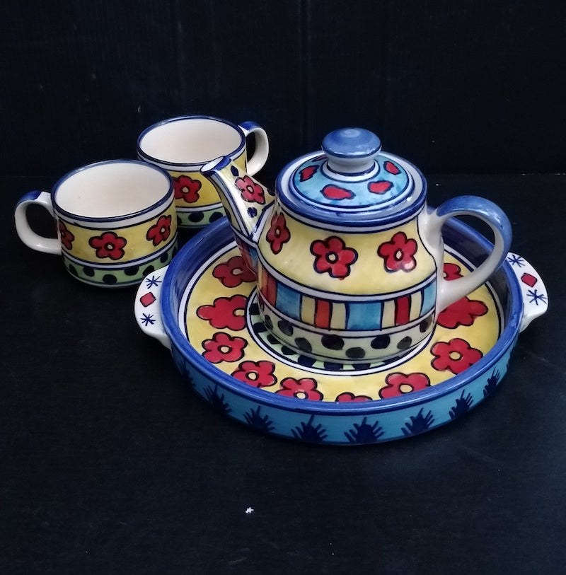 Multicolor Stoneware Hand Painted Tea Set with Kettle & Tray