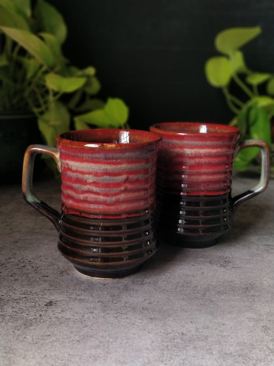 Studio Pottery Red & Black Coffee/Milk Mugs (Set of 2)