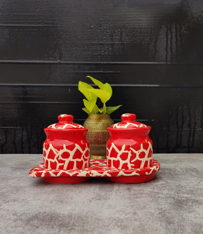 Handpainted Ceramic Red Pickle Jar (Set of 2)