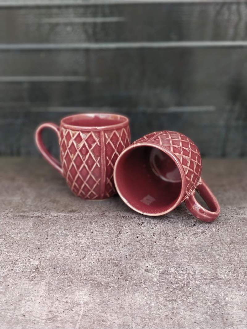 Ceramic Wine Coloured Lined Coffee Mugs (Set of 6)