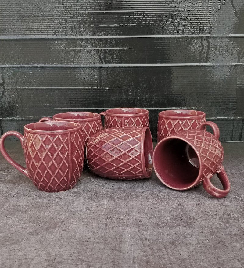 Ceramic Wine Coloured Lined Coffee Mugs (Set of 6)