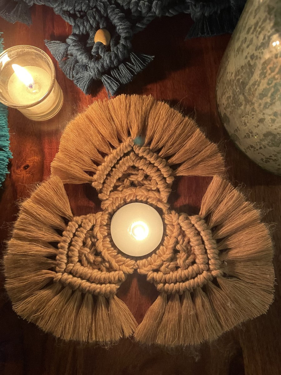 Beige Handcrafted & Knotted Candle Coaster - 3 Petals