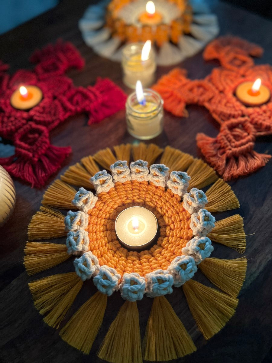 Handcrafted Knotted Natural Macrame Cotton Candle Coaster-Genda Phool