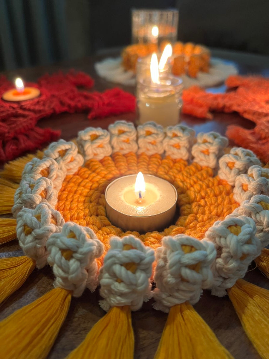 Handcrafted Knotted Natural Macrame Cotton Candle Coaster-Genda Phool