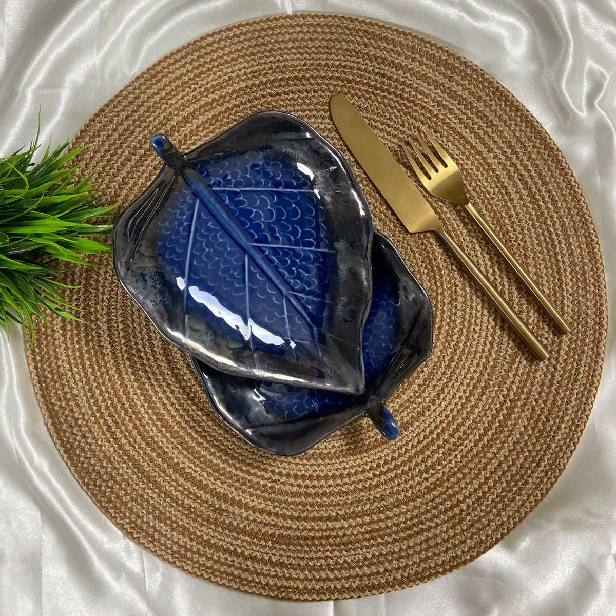 Royal Blue Paan Leaf Shaped Ceramic Platter (Set of 2)