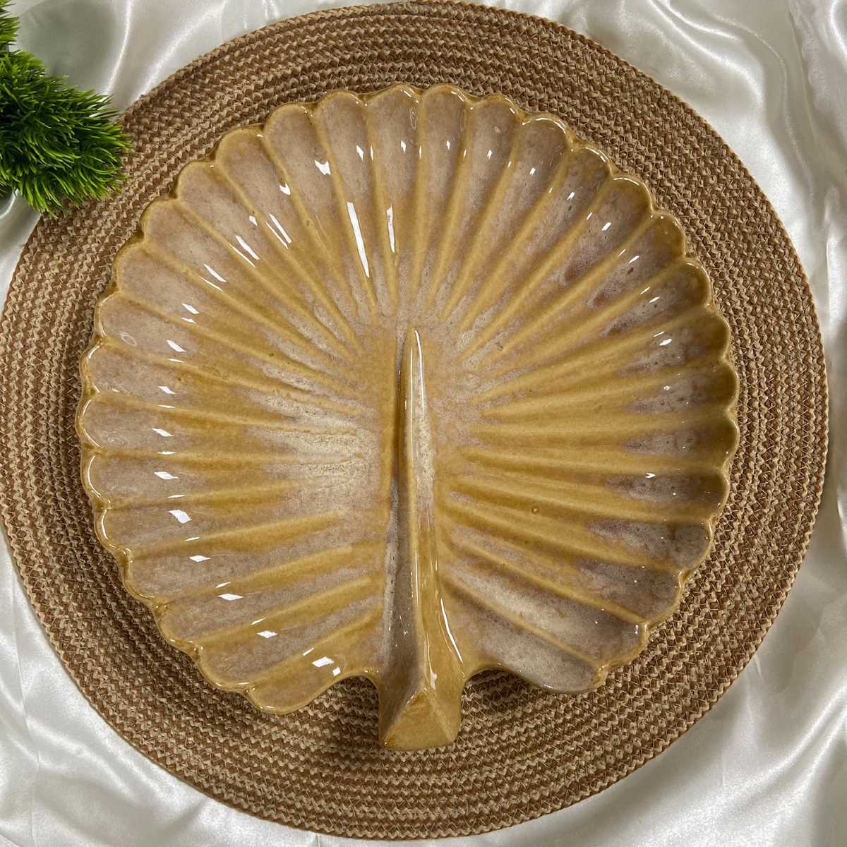 Brown Handcrafted & Glazed Round Peacock Ceramic Serving Platter (12")