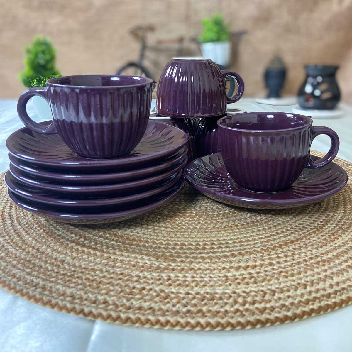 Chic Purple-Red Tea Cups with Saucers (Set of 6)