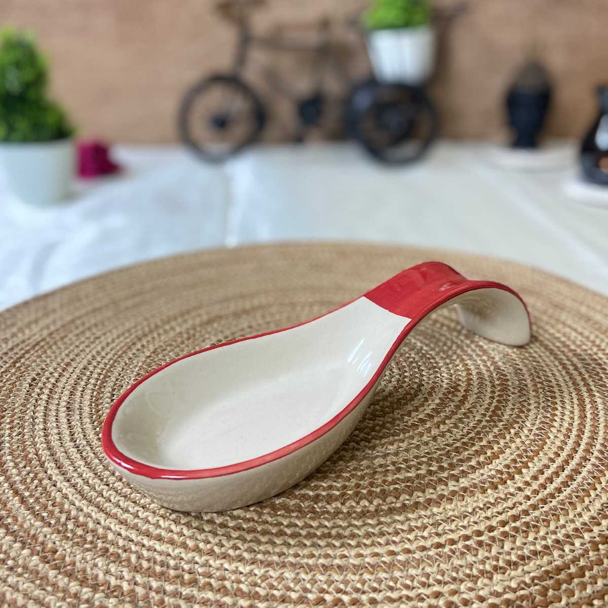 Red & White Ceramic Spoon Rest Holder