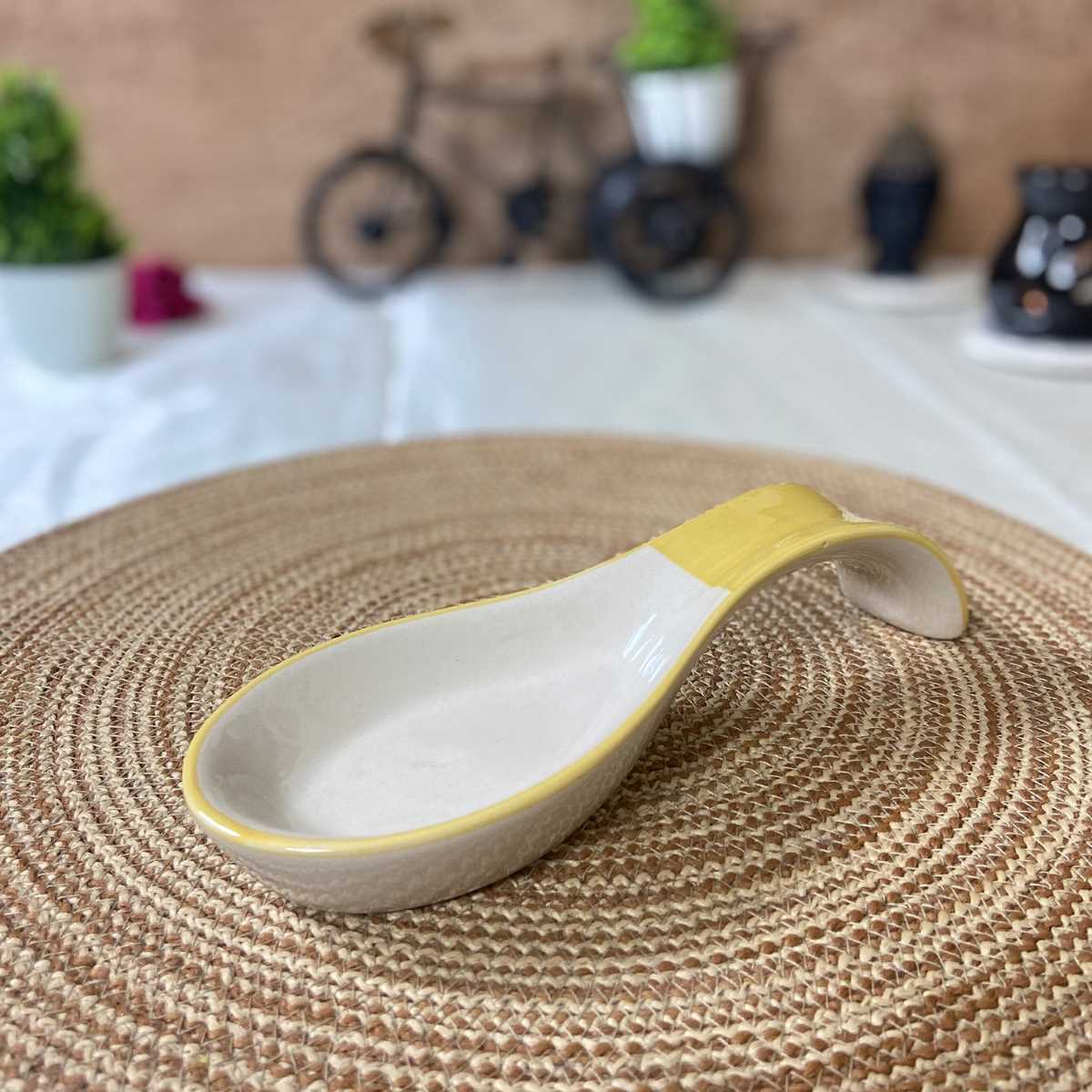 Yellow & White Ceramic Spoon Rest Holder