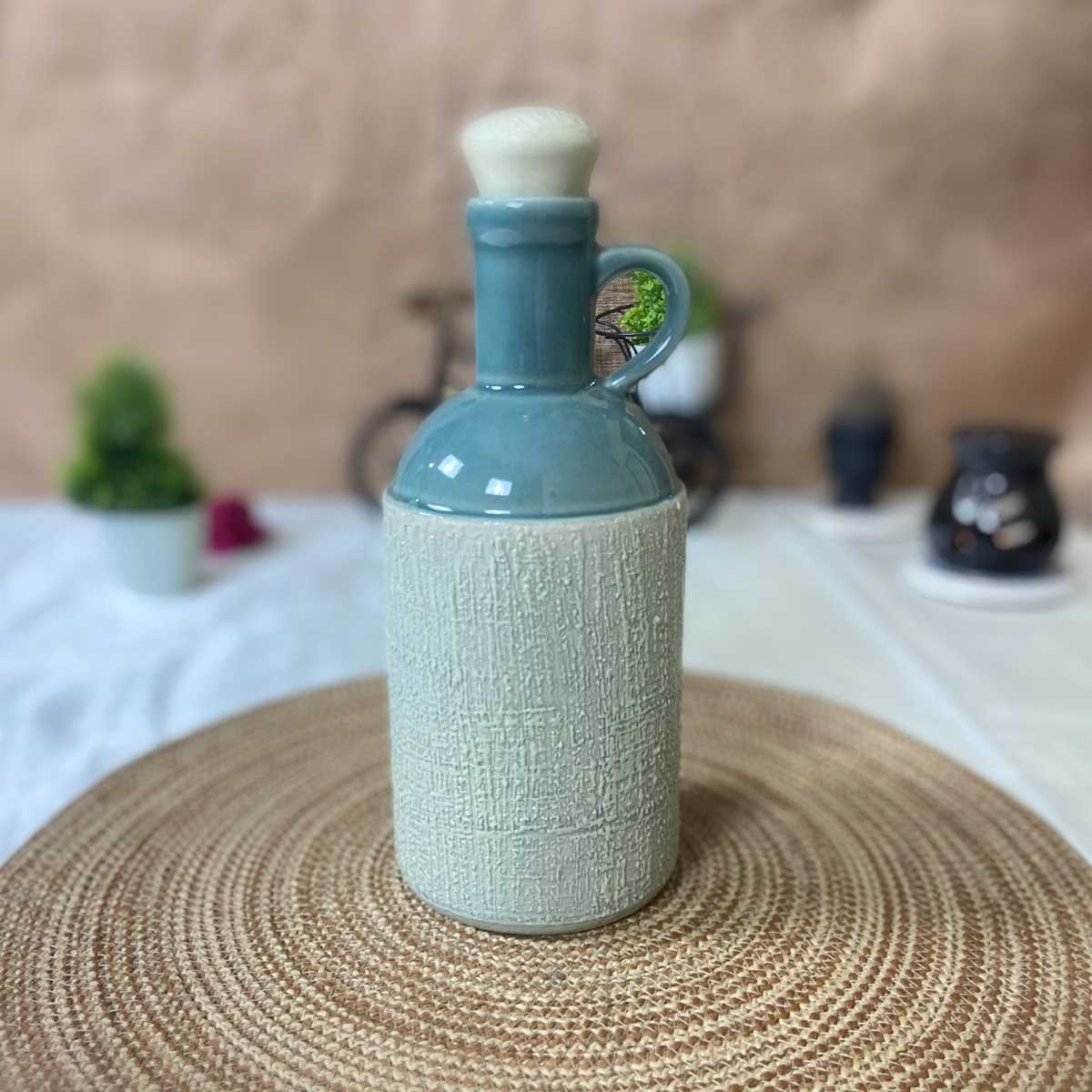 Rustic Blue Hand-carved Ceramic 1 Liter Oil Bottle