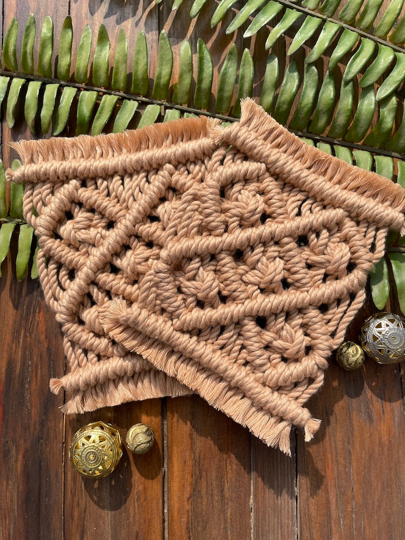 Handcrafted Knotted Natural Macrame Cotton Coaster beige diamond mesh