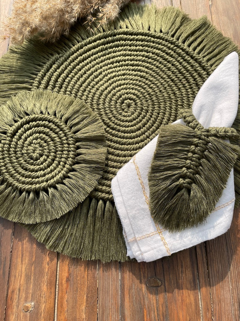 Green Macrame Table Mat With Napkin Holder & Coaster (Set of 2)