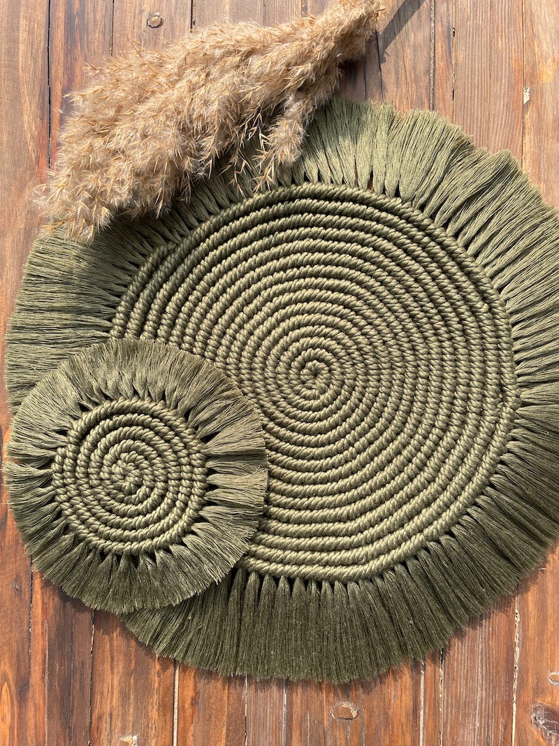 Green Macrame Table Mat With Napkin Holder & Coaster (Set of 2)