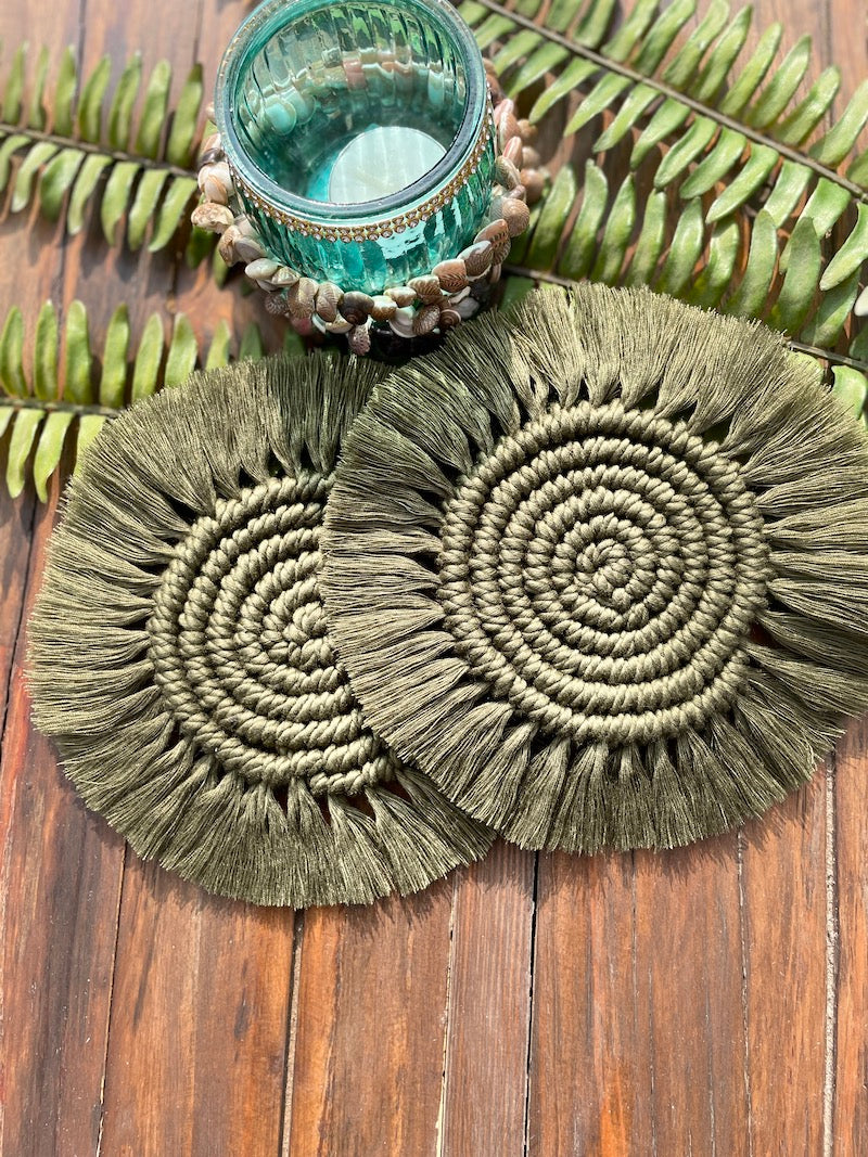 Green Macrame Table Mat With Napkin Holder & Coaster (Set of 2)