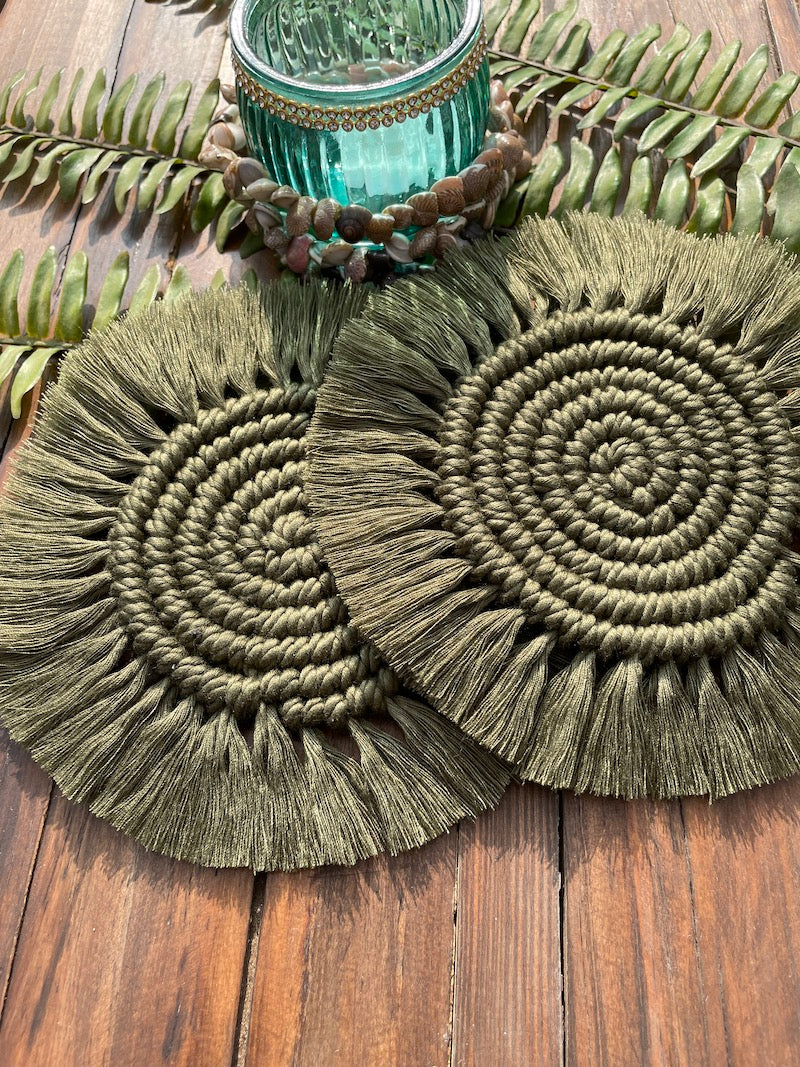 Handcrafted Knotted Natural Macrame Cotton Coaster green spiral
