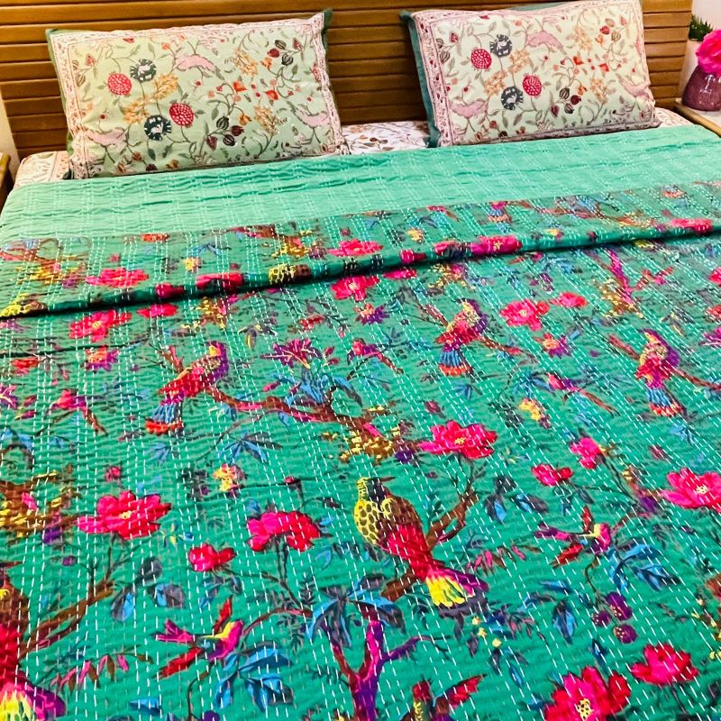 Green Kantha Work Bedcover (Queen Size)