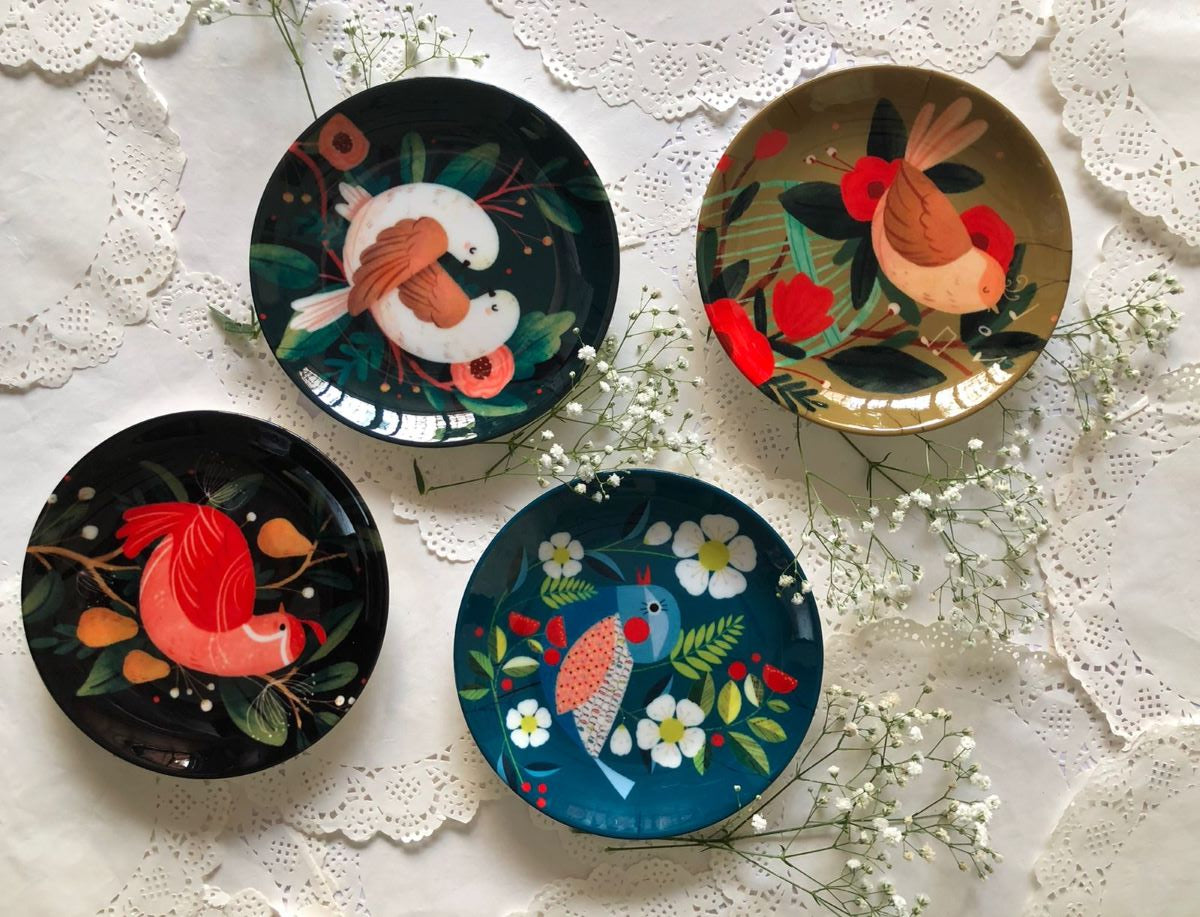 Bird Themed Ceramic Dessert / Starter Plates (Set of 4)