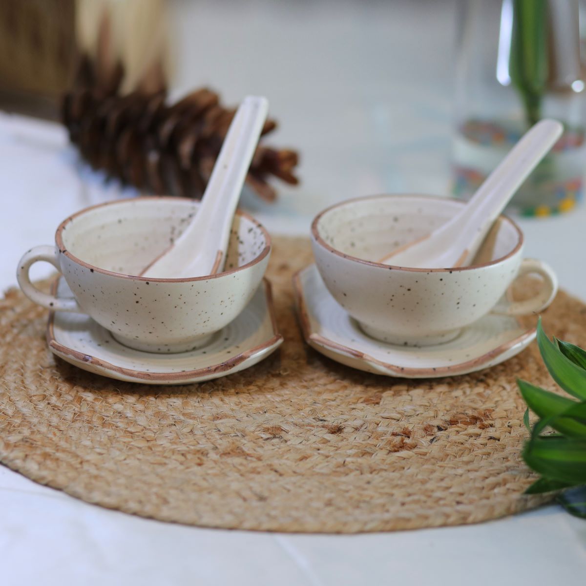 Wonder White Soup Cups with Spoon & Saucer (Set of 4)
