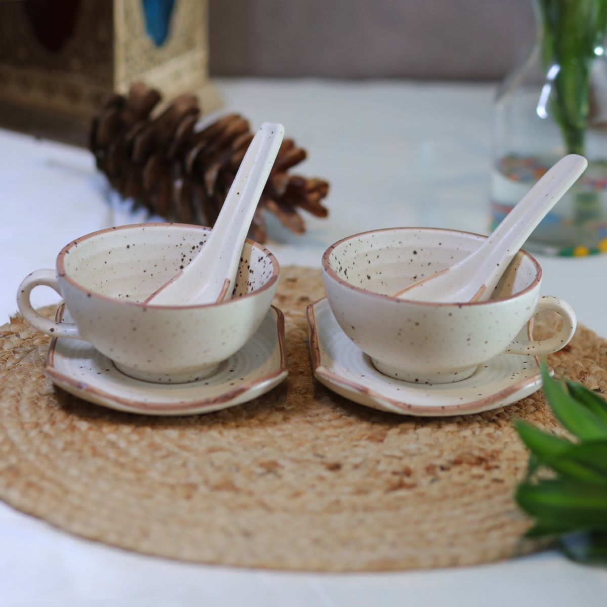 Wonder White Soup Cups with Spoon & Saucer (Set of 4)