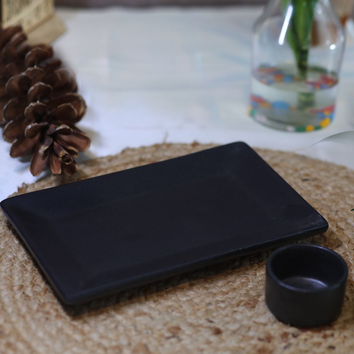 Black Matte Rectangular Platters with Dip Bowl (Set of 2/4)
