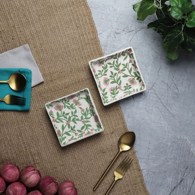 Green Pink Leaf Handpainted Platters (Set of 2)