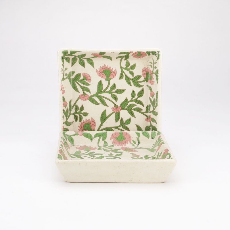 Green Pink Leaf Handpainted Platters (Set of 2)