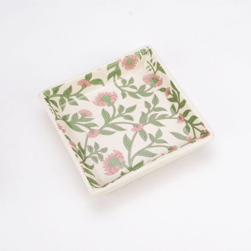 Green Pink Leaf Handpainted Platters (Set of 2)