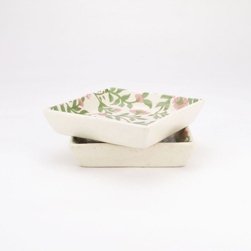 Green Pink Leaf Handpainted Platters (Set of 2)