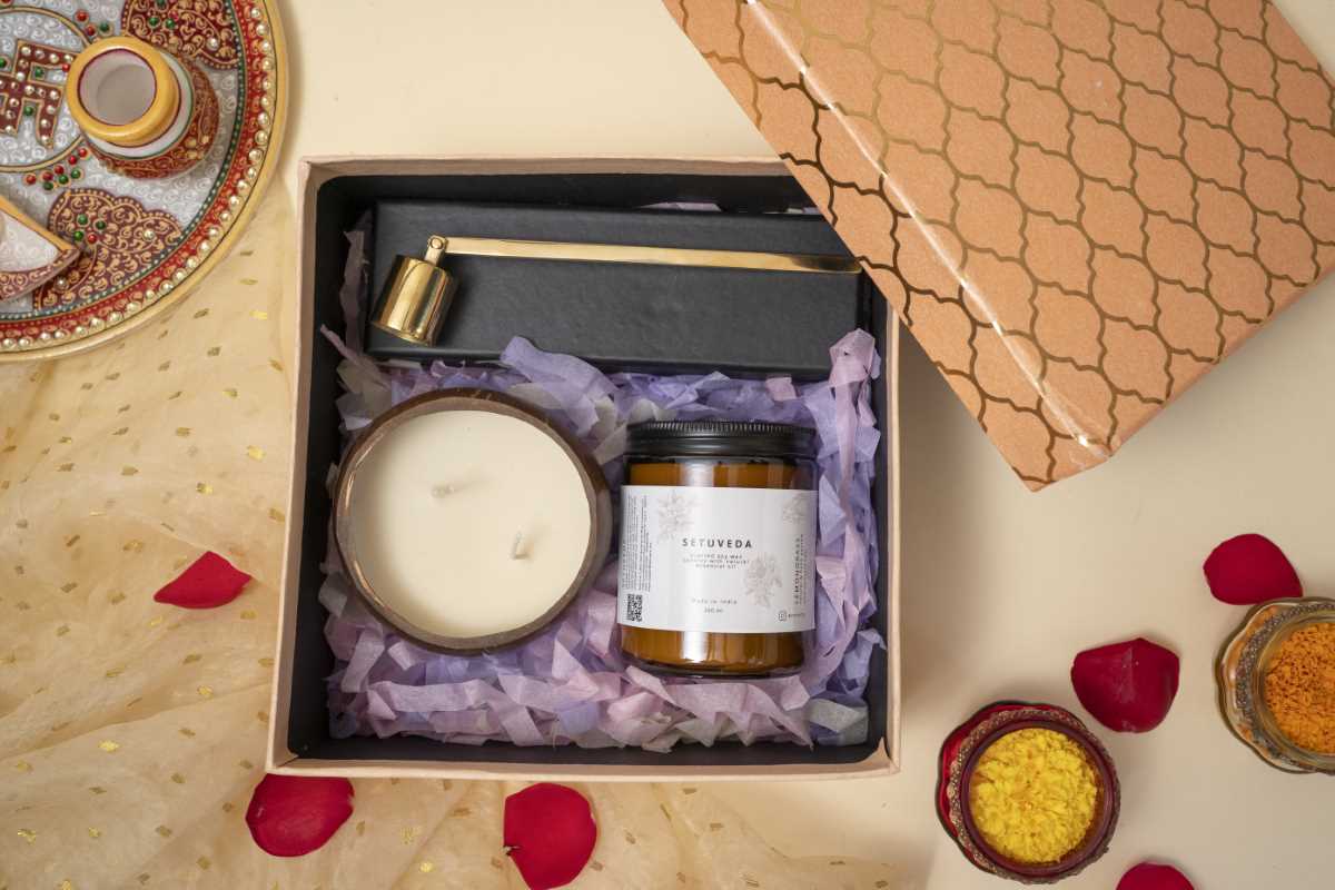 Diwali Hamper | Coconut Shell & Glass Jar Candle & Snuffer | 100% Handcrafted