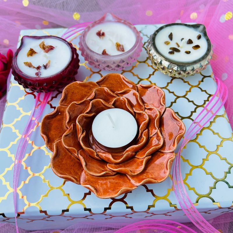 Diwali Gift Box I Ceramic Tea Light & Crystal Diya Candles