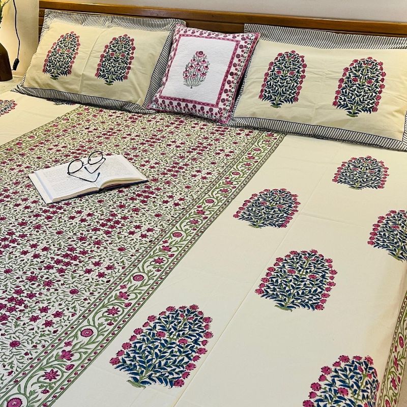 Mughal Floral Premium Cotton Bedsheet with Pillow Covers