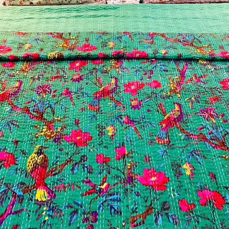 Green Kantha Work Bedcover (Queen Size)