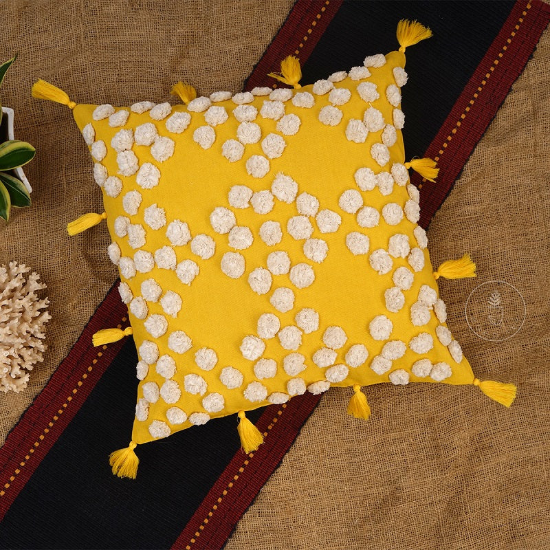 Yellow Cotton Hand Tufted Designer Cushion Cover